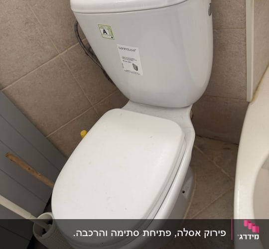 אסלה עומדת עם ניאגרה גלויה מחרס מותקנת בחדר רחצה